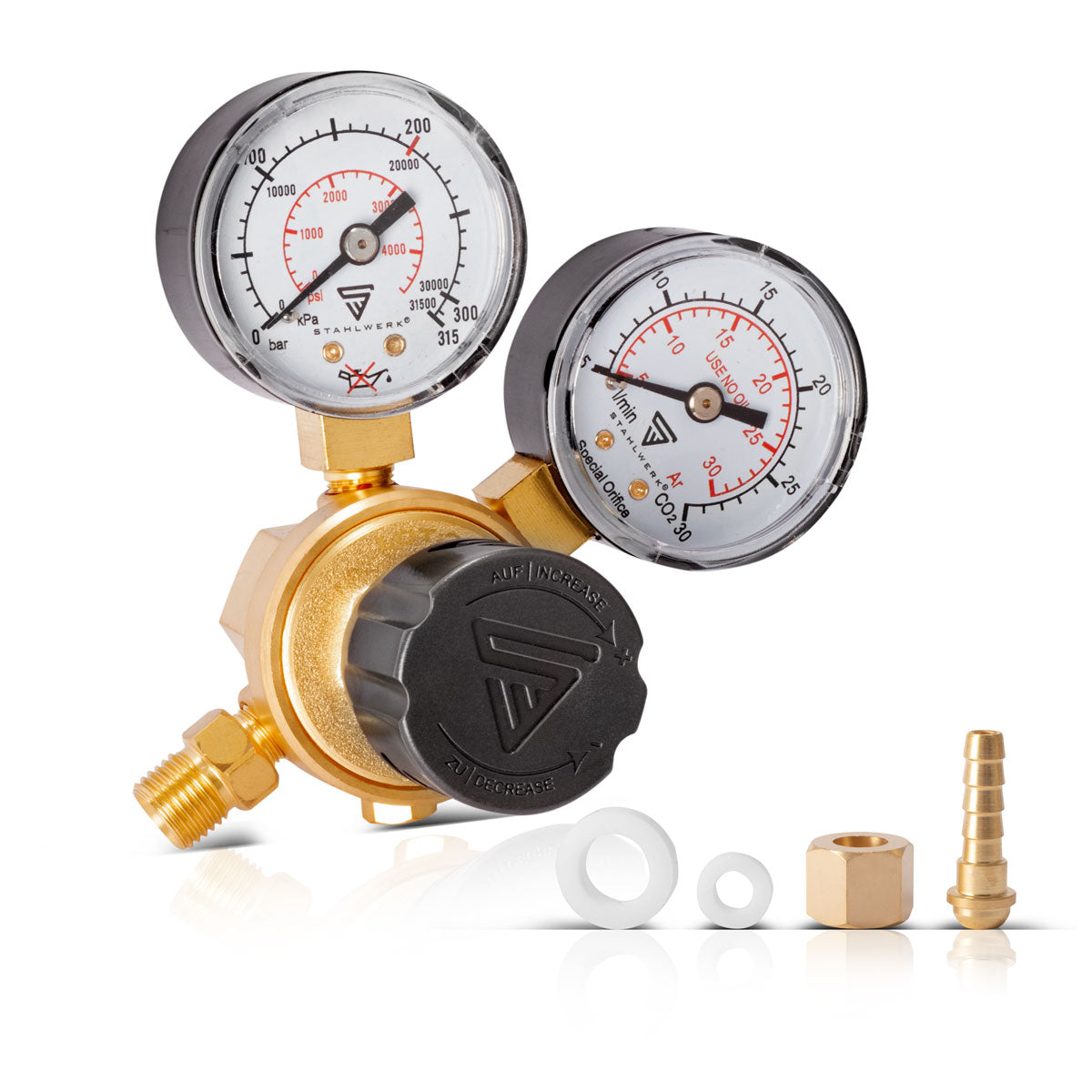 Steelworks mini-pressure reducer ST-215 according to DIN standard EN ISO 2503 pressure regulators up to 200 bar made of high-quality brass for Argon | CO2 | Mix 18 | Mixed gas | Protection gas for WIG and MIG likes welding equipment