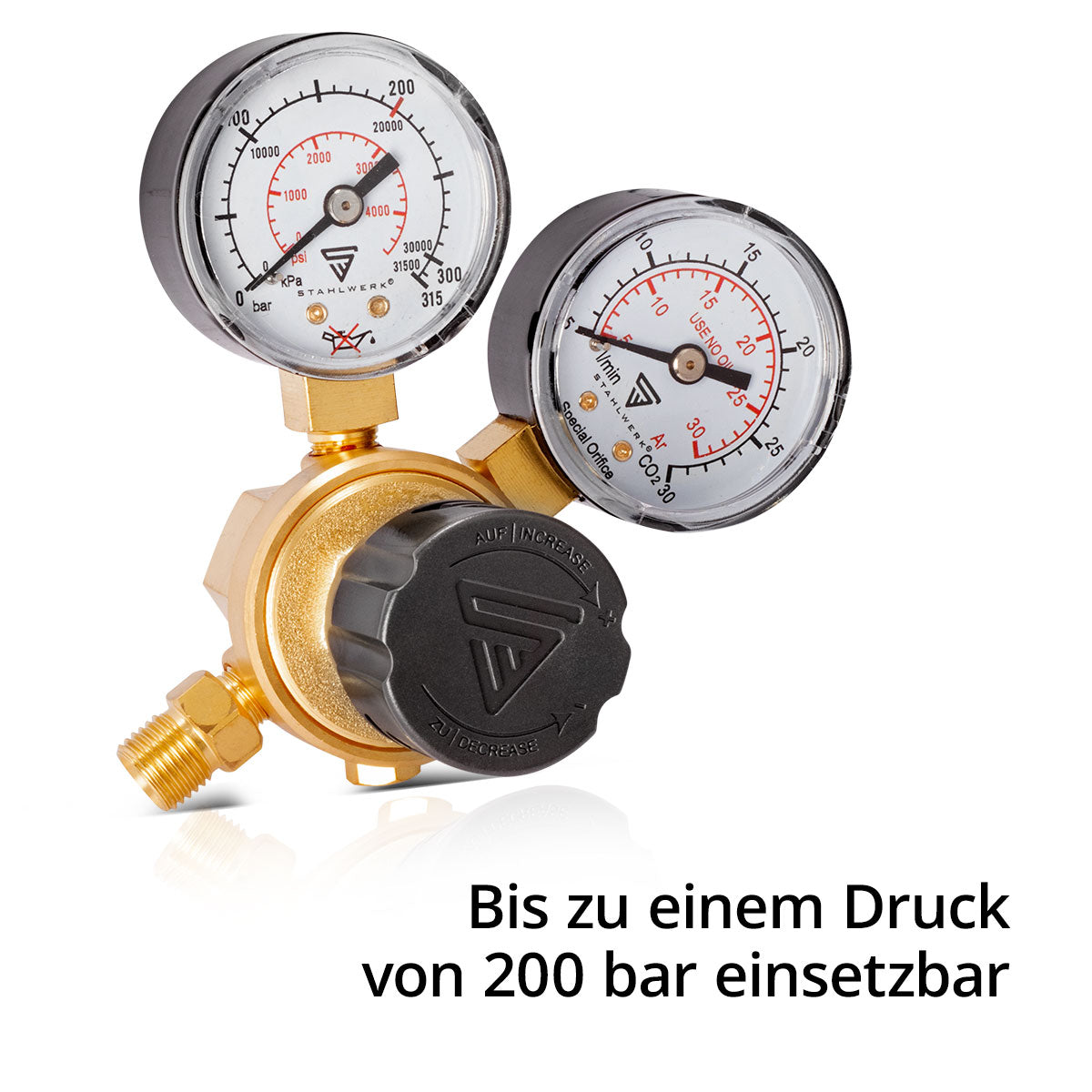 Steelworks mini-pressure reducer ST-215 according to DIN standard EN ISO 2503 pressure regulators up to 200 bar made of high-quality brass for Argon | CO2 | Mix 18 | Mixed gas | Protection gas for WIG and MIG likes welding equipment