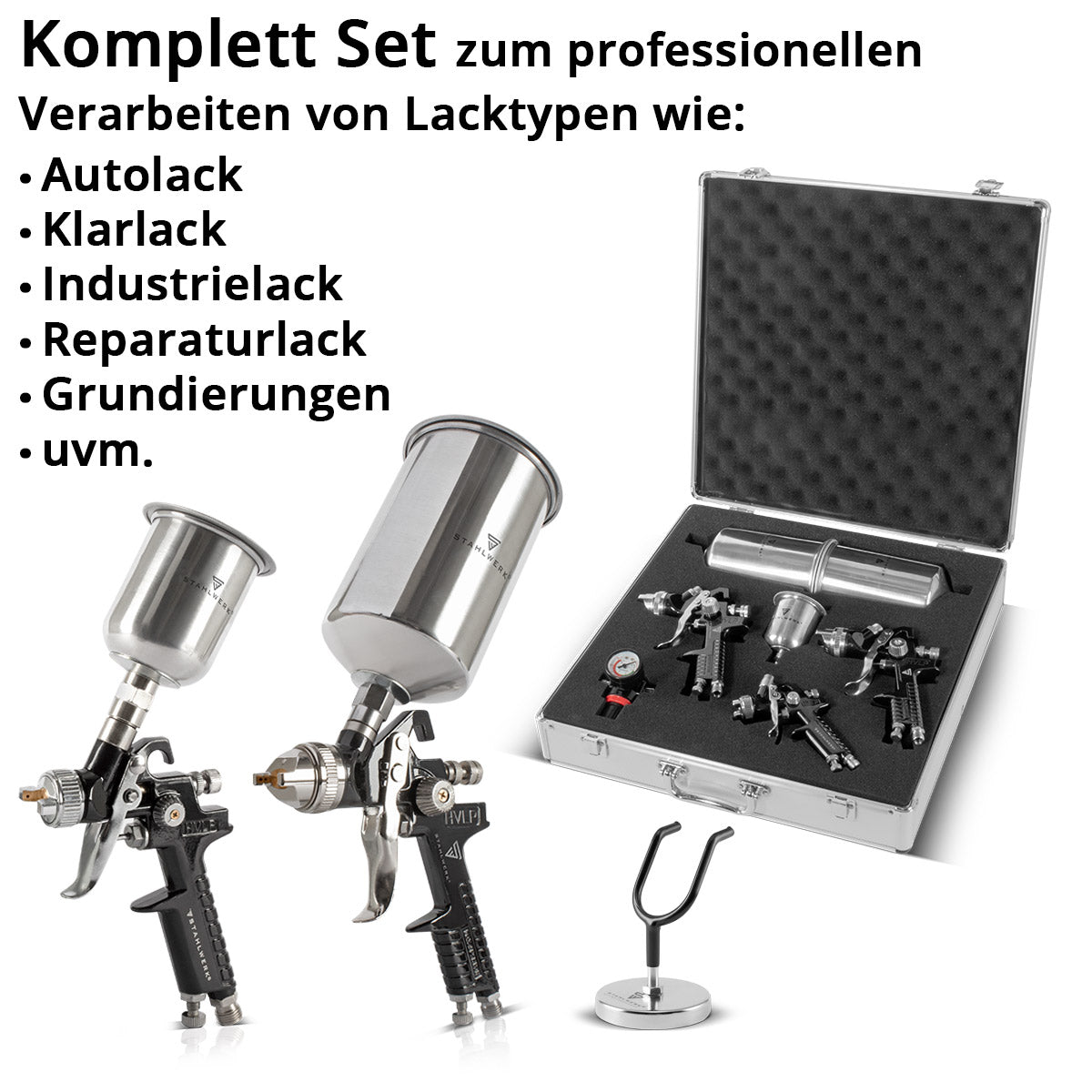 STAHLWERK HVLP Lackierpistolen Set SGS-1125 ST 21 Teile mit 3 Druckluft Lackierpistolen, 0,8 / 1,4 / 1,7 mm Düsensatz, Lackierpistolen-Halter, 3 Fließbechern, Luftdruckregler, Aluminium-Koffer uvm Professioneller Lackiersatz / Spritzpistole / Sprühpistole