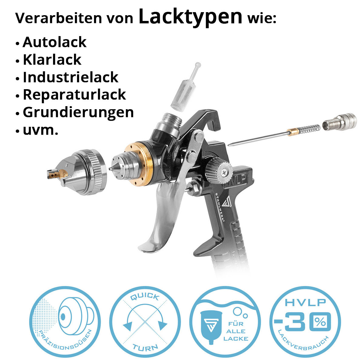 Steelworks HVLP painting pistol SG-600 ST with 1.4 mm nozzle and 600 ml of flow cups, paint pistol holder, professional spray gun / spray gun / spray pistol