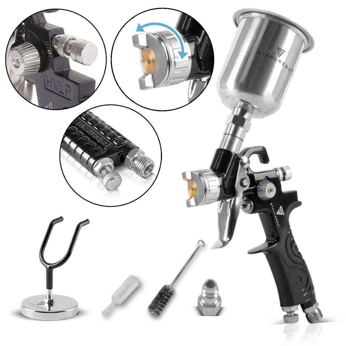 Steelworks HVLP painting pistol SG-125 ST with 0.8 mm nozzle and 125 ml of flow cups, paint pistol holder, professional spray gun | Spray gun | Spray gun