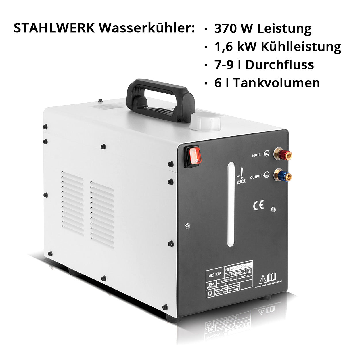 Stahlwerk water cooler with 370 W power and 6 l tank for Mig Mag | Wig welding devices and plasma cutter, water cooling to cool hose packages, welding burners and plasma gimmickers