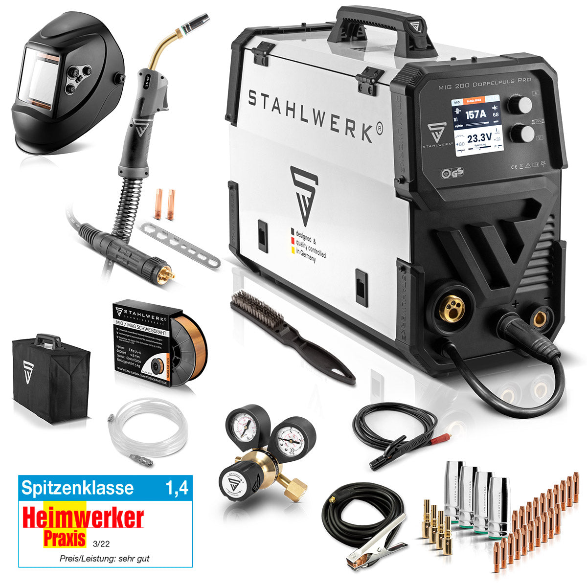 Stahlwerk MIG MAG 200 Double pulse per full equipment Full-syngical welding machine with AK25 welding burner and AK25 wear parts set