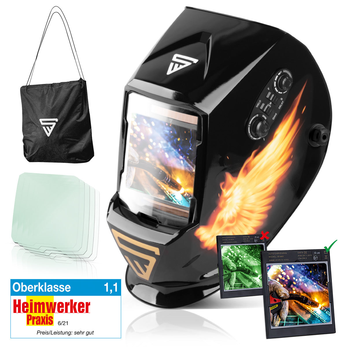 Steelworks 3 in 1 automatic welding helmet ST-990 SE "Special edition Fire" Real Color Helm | Welding umbrella | Welding mask | Welding sign for professional welding, cutting and grinding