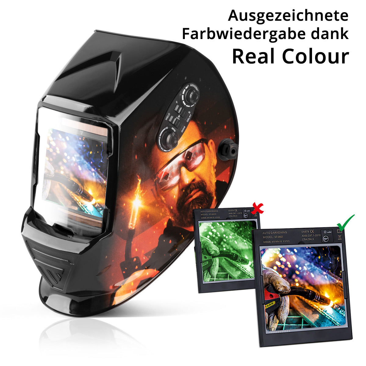 Steelworks 3 in 1 automatic welding helmet Str-1000 "Special edition Rico" Real Color Helm | Welding umbrella | Welding mask | Welding sign for professional welding, cutting and grinding