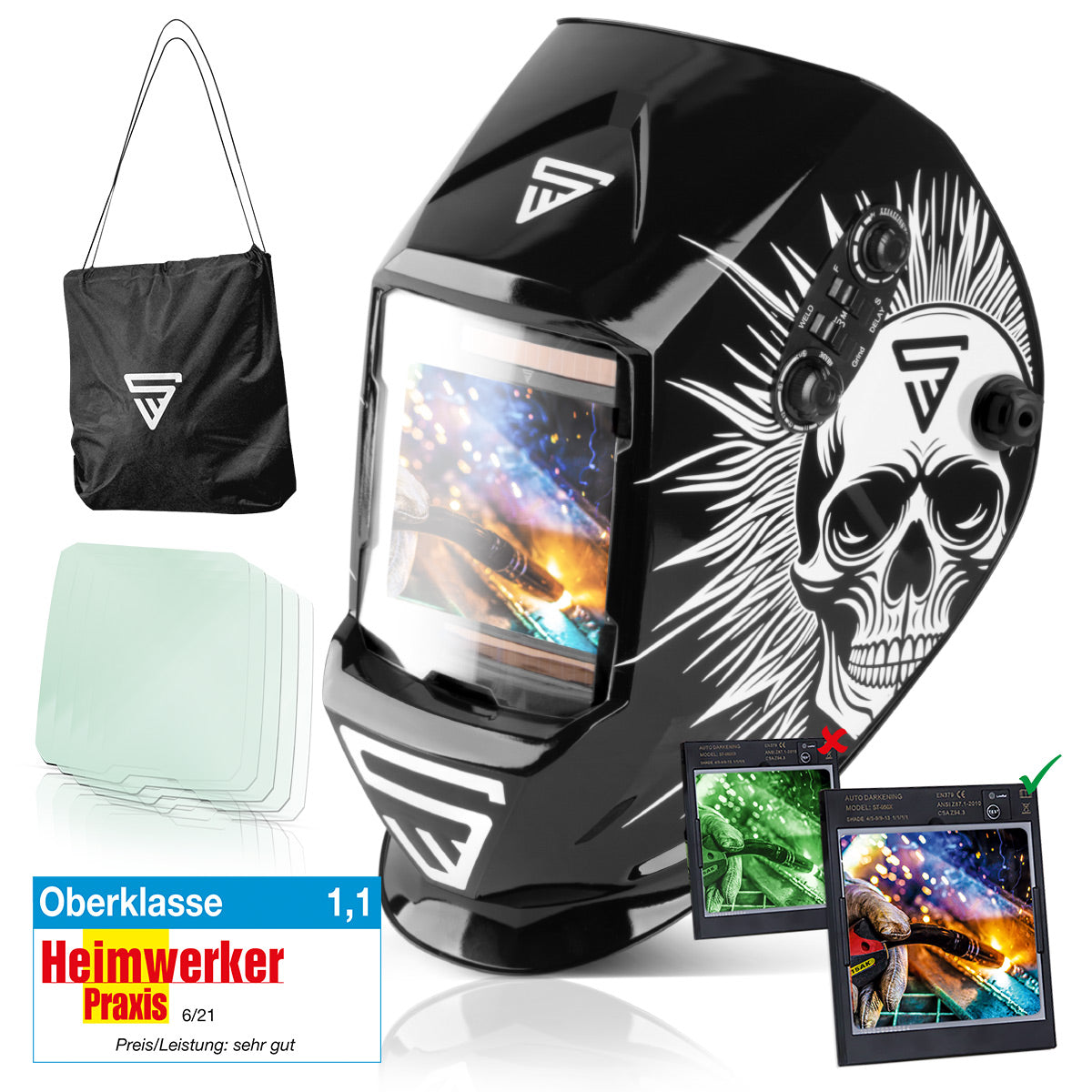 Steelworks 3 in 1 automatic welding helmet ST-990 SE "Special edition Skull" Real Color Helm | Welding umbrella | Welding mask | Welding sign for professional welding, cutting and grinding