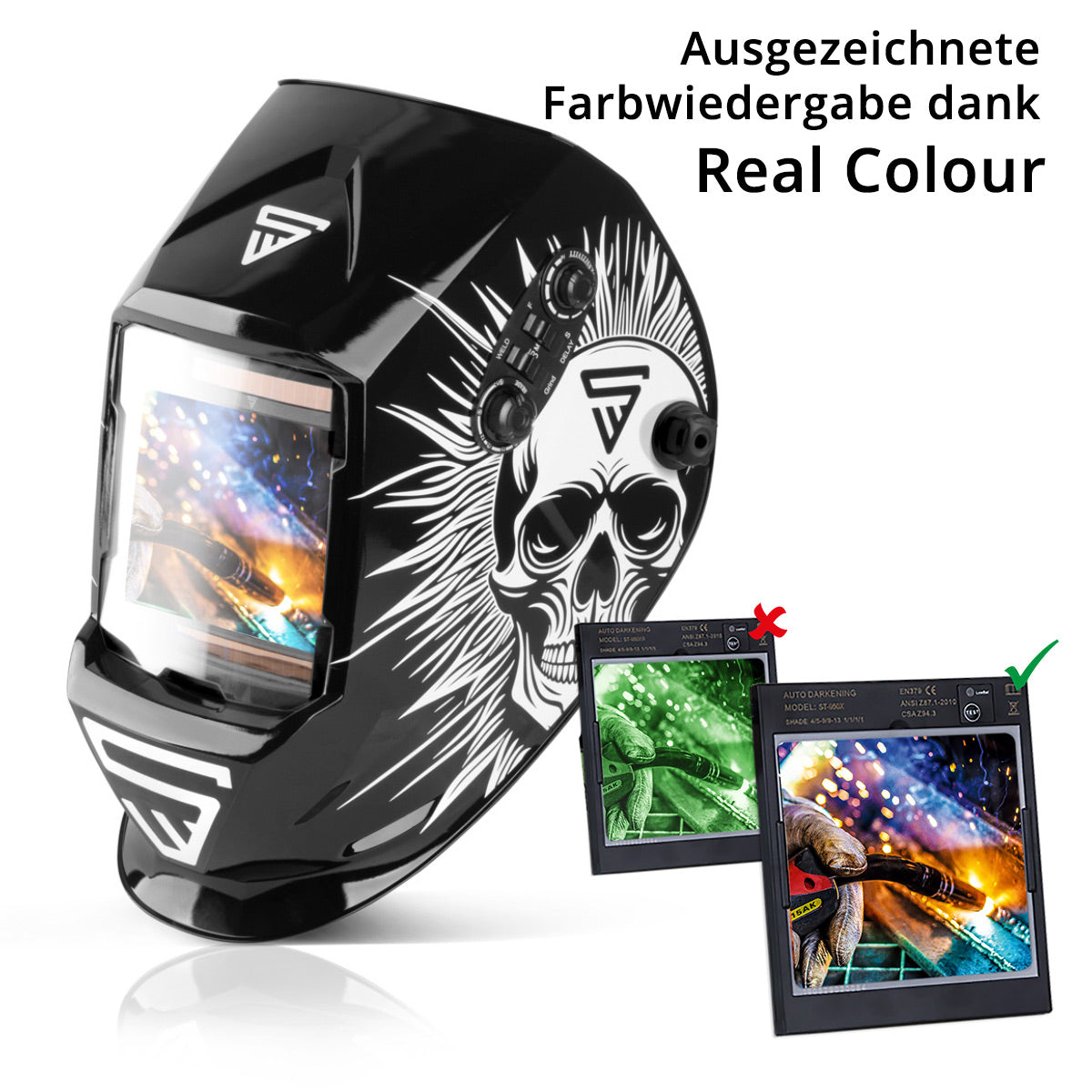 Steelworks 3 in 1 automatic welding helmet ST-990 SE "Special edition Skull" Real Color Helm | Welding umbrella | Welding mask | Welding sign for professional welding, cutting and grinding