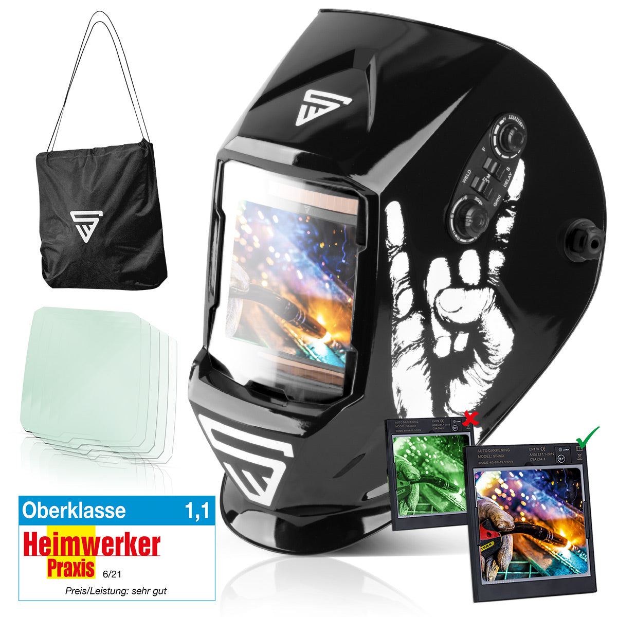 Steelworks 3 in 1 automatic welding helmet ST-990 SE "Special edition Rock" Real Color Helm | Welding umbrella | Welding mask | Welding sign for professional welding, cutting and grinding