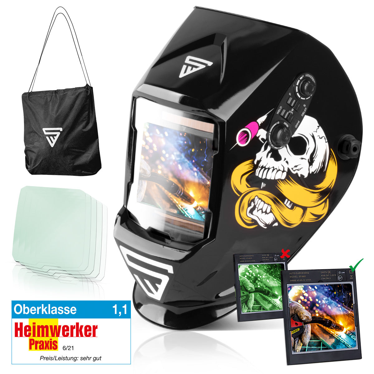 Steelworks 3 in 1 automatic welding helmet ST-990 SE "Special edition Bones" Real Color Helm | Welding umbrella | Welding mask | Welding sign for professional welding, cutting and grinding