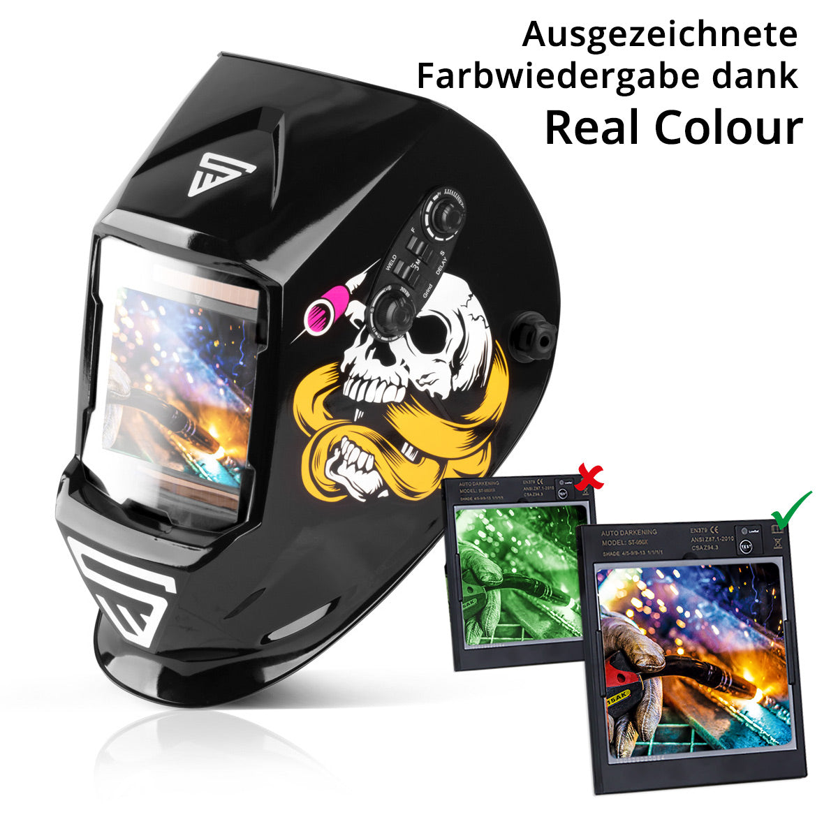 Steelworks 3 in 1 automatic welding helmet ST-990 SE "Special edition Bones" Real Color Helm | Welding umbrella | Welding mask | Welding sign for professional welding, cutting and grinding