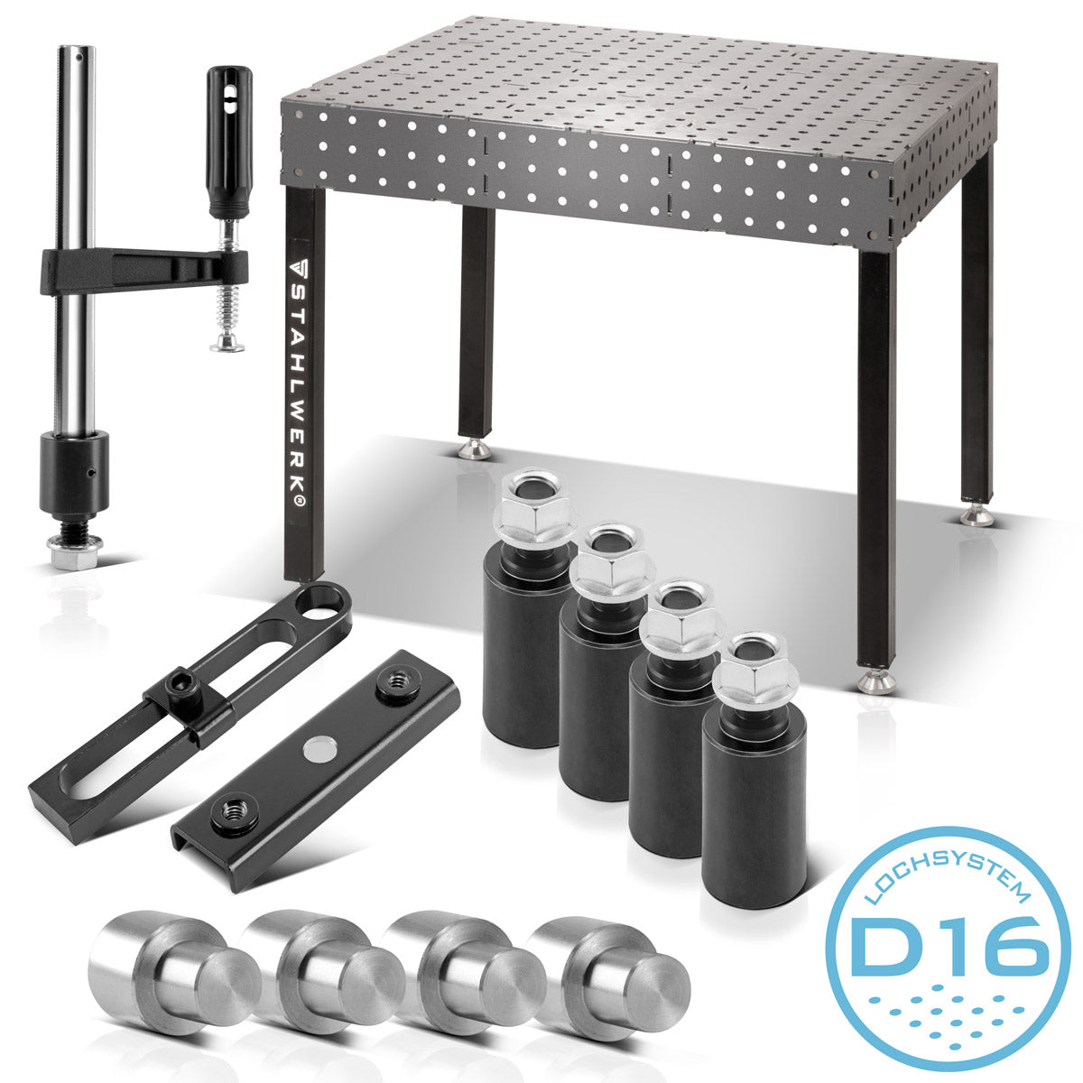 STAHLWERK 3D Schweißtisch Set, Montagetisch mit D16 Lochsystem und 6 mm Arbeitsplatte als DIY-Bausatz im 12-teiligen Set mit Variablem Anschlag, Schraubzwinge, Anschlagbolzen mit Abhebesicherung, Spannbolzen