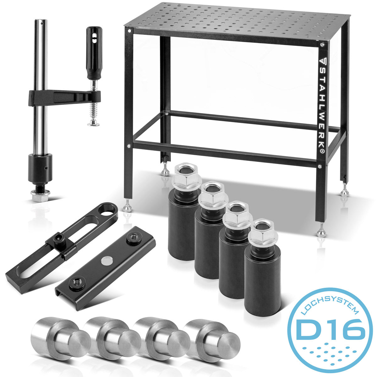 Steelworks welding table set, assembly table with D16 hole system and 3 mm worktop as a DIY kit in the 12-piece set with variable stop, screw clamp, bolt bolt with lifting binding, clamping bolts