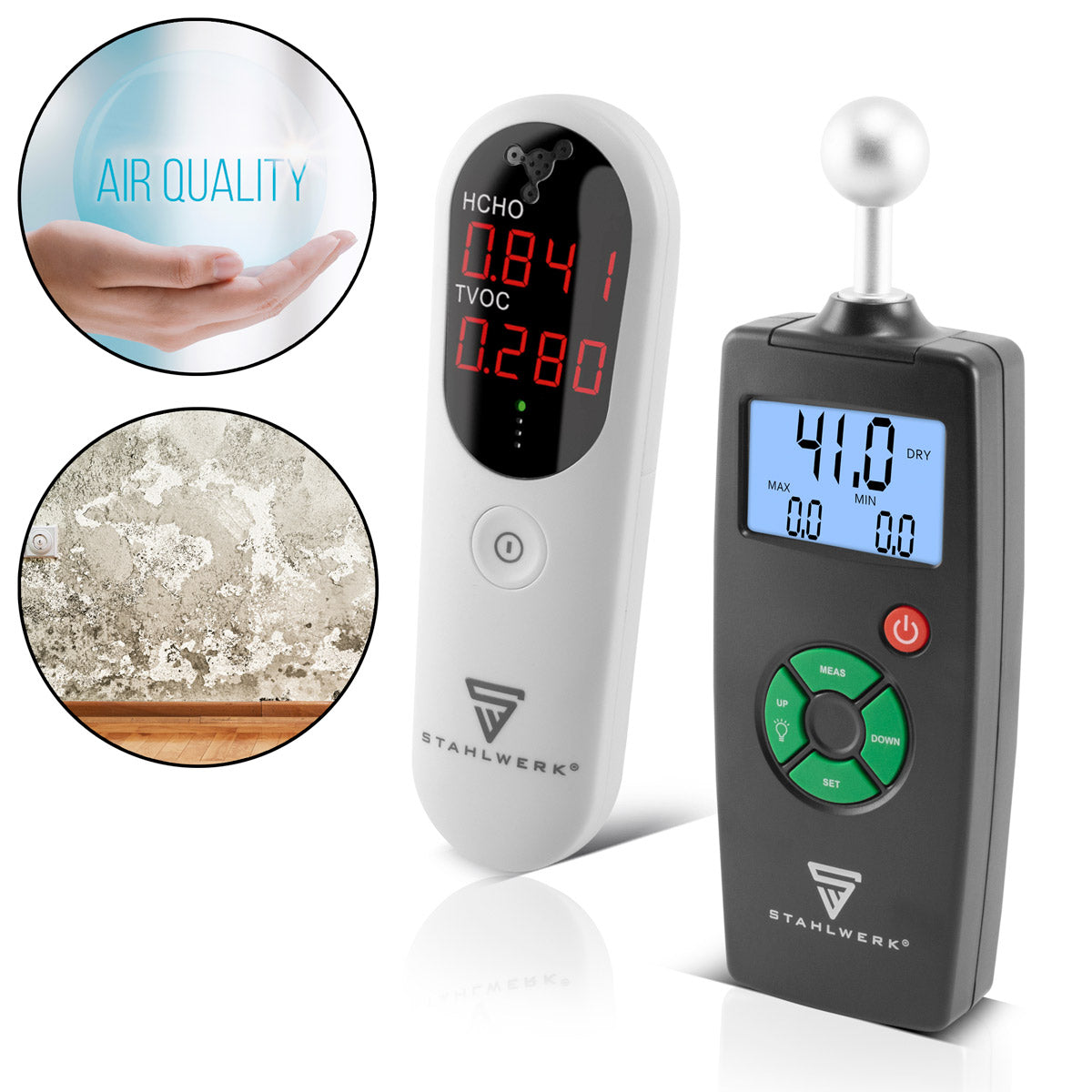 Steelworks test tool set with air quality measuring device LM-10 ST and moisture measuring device FM-100 ST, HCHO TVOC test device for precise pollutant measurement and moisturizer with 40 mm measuring depth