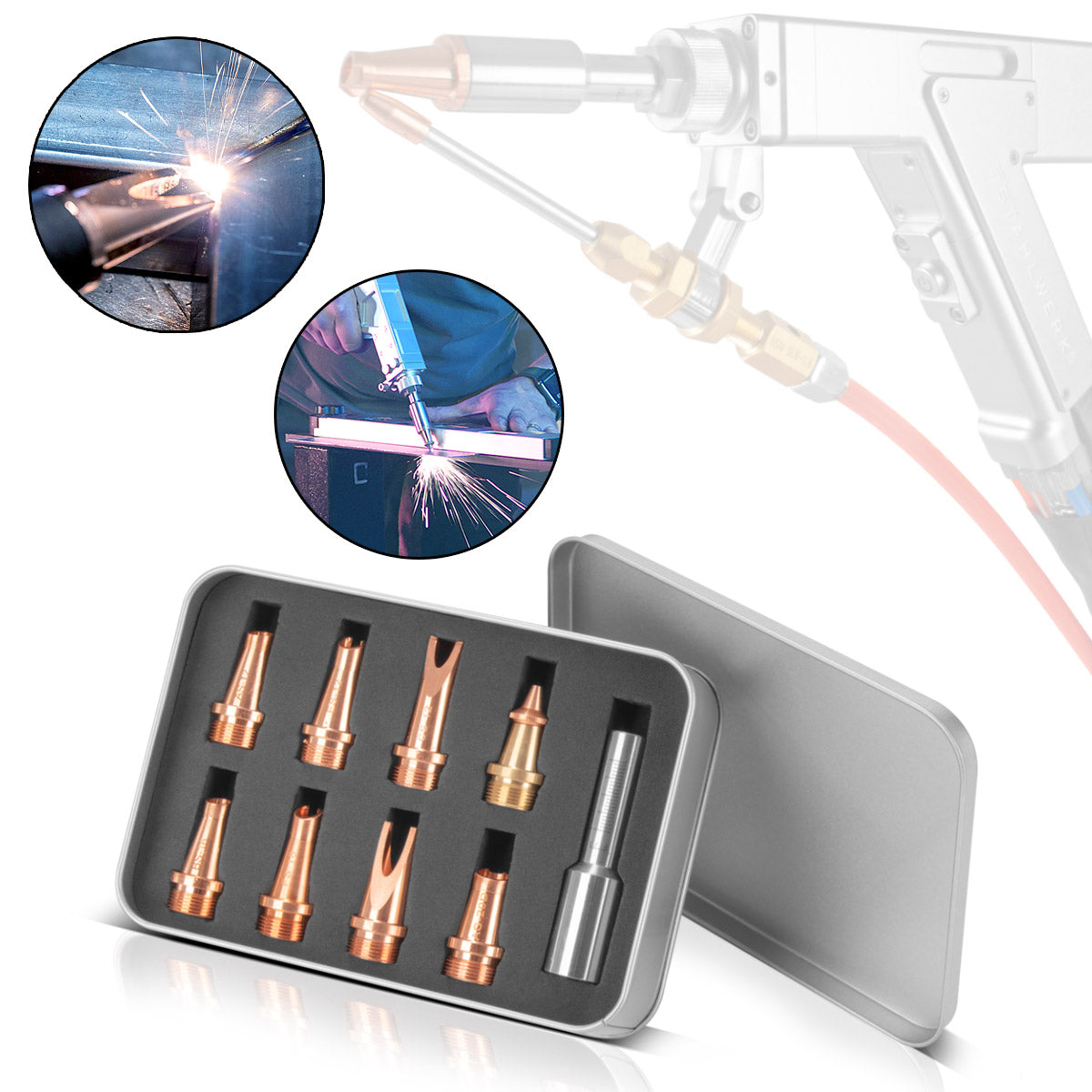 Stahlwerk Laser-nozzles 9 Set professional accessories for laser welding burners | Laser welding devices with 7 weld nozzles, 1 cutting nozzle and 1 nozzle holder including a protective box