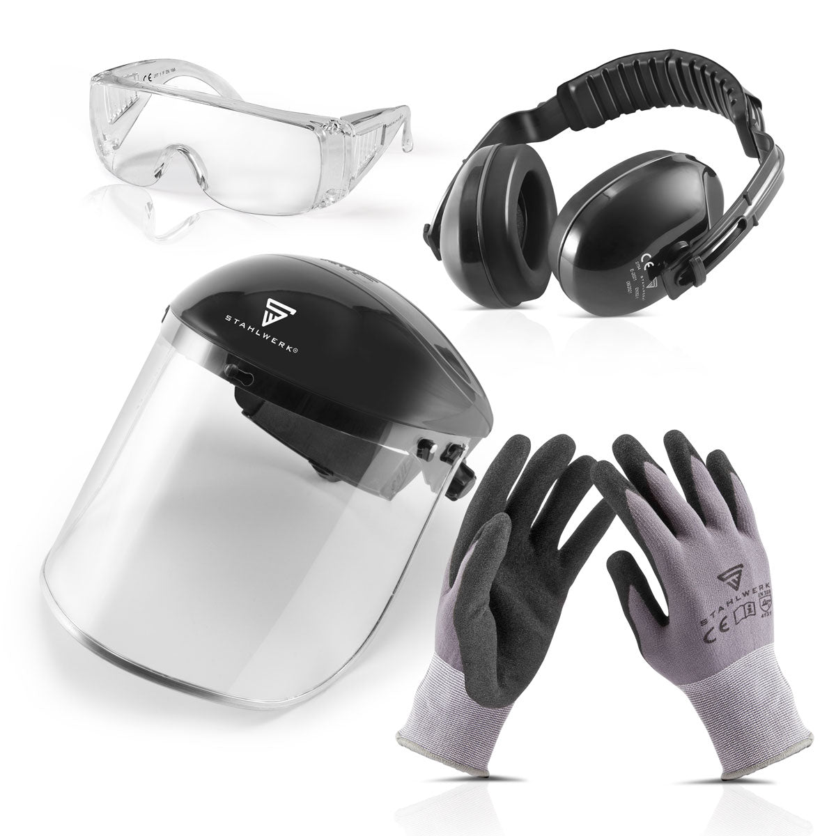 Steelworks 4-piece combination protection set KS-1 with hearing protection, safety glasses, face protection shield and protective gloves for safe work