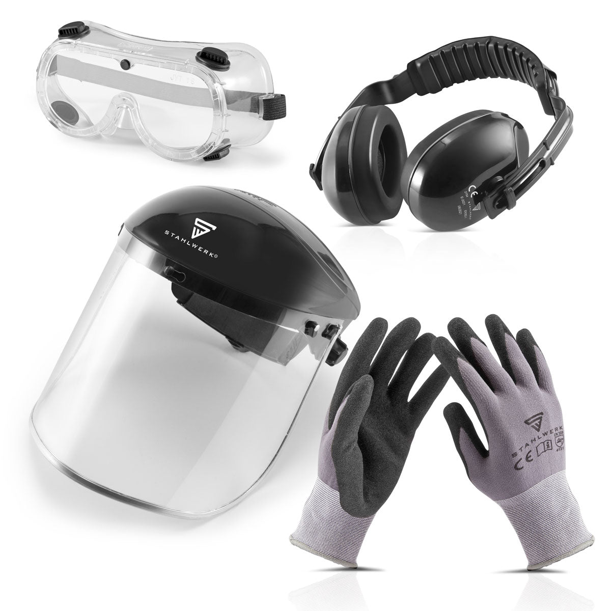 Steelworks 4-part combination protection set KS-2 with hearing protection, basket goggles, face protection shield and protective gloves for safe work