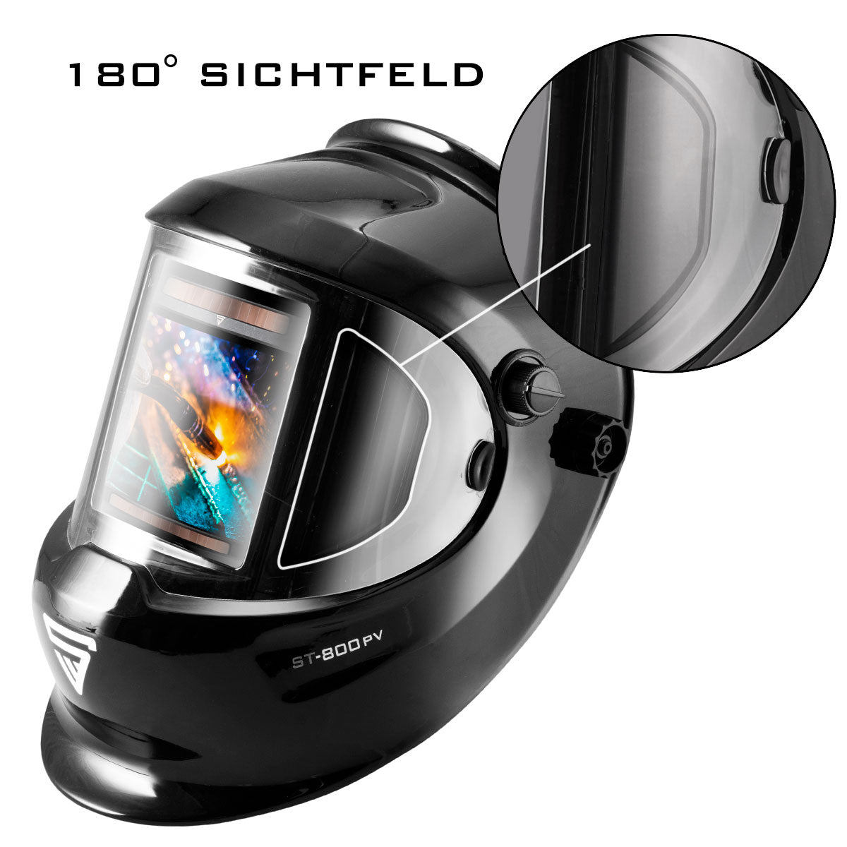 Steelworks full automatic real color welding helmet ST-800 PV, 3 in 1 function, 180 ° visibility, black glossy, large field of vision, including 2 spare discs