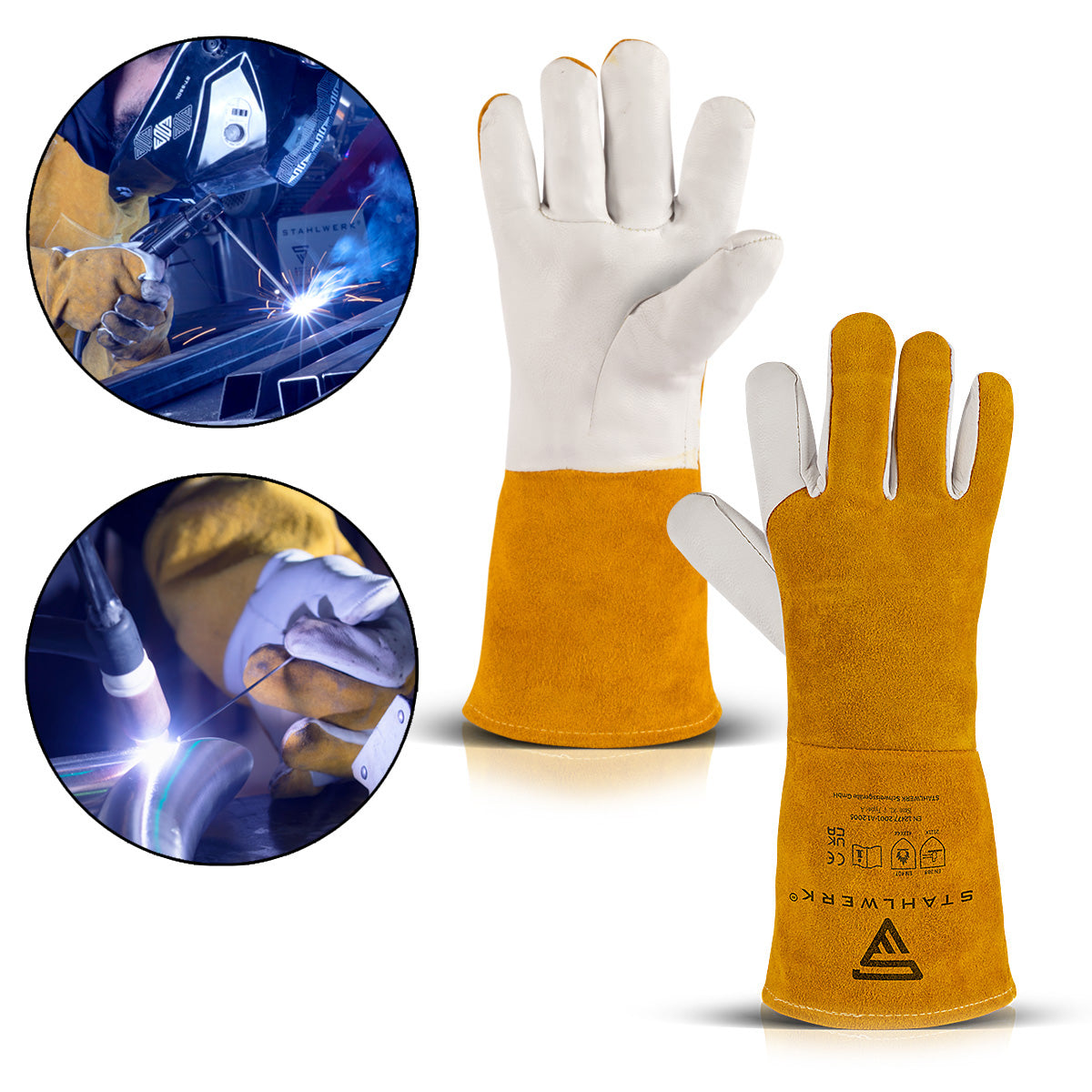 Guantes de protección de soldadura de acero hechos de cuero real / ropa protectora / calor y resistente al fuego / a prueba de corte / resistente a la lágrima