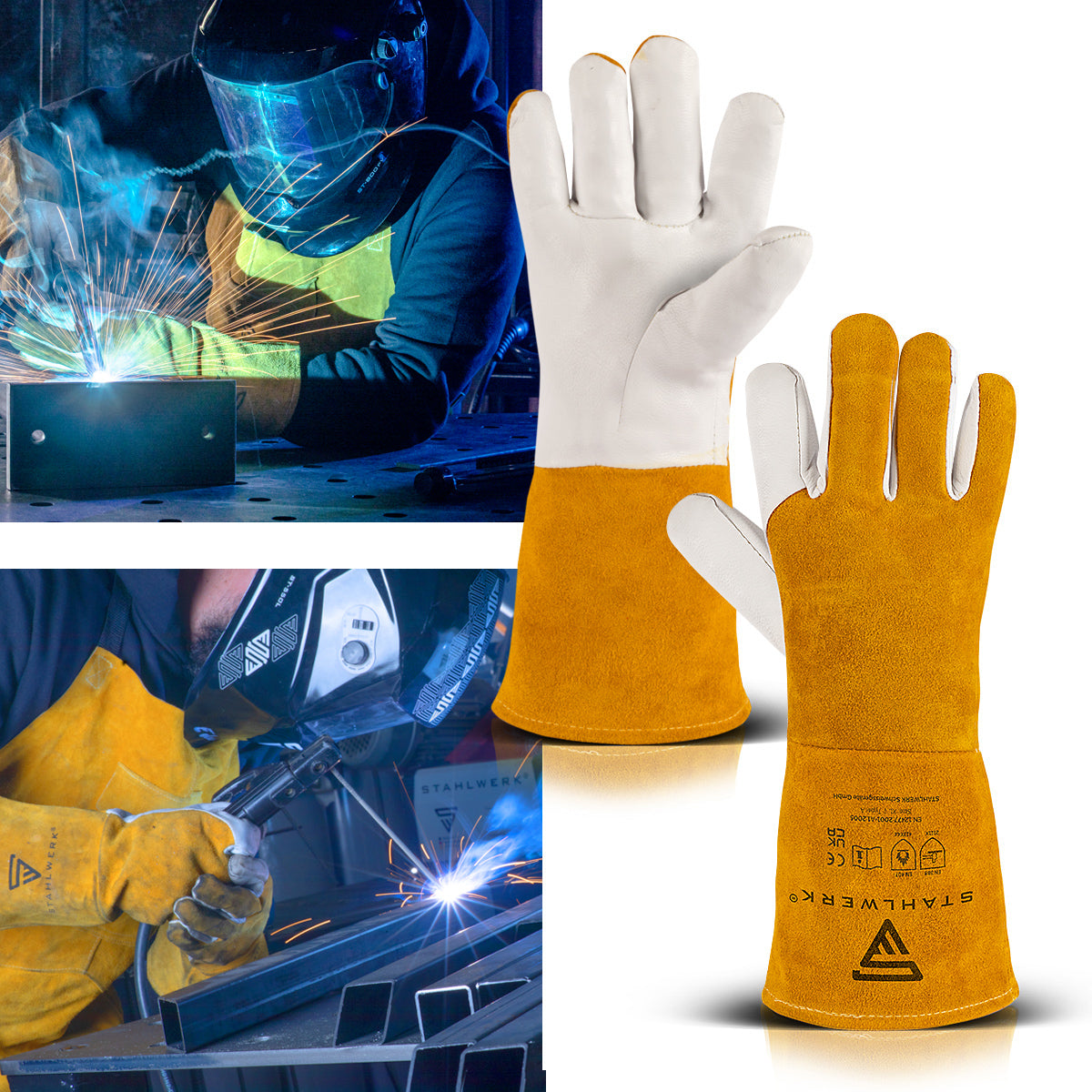 Guantes de protección de soldadura de acero hechos de cuero real / ropa protectora / calor y resistente al fuego / a prueba de corte / resistente a la lágrima