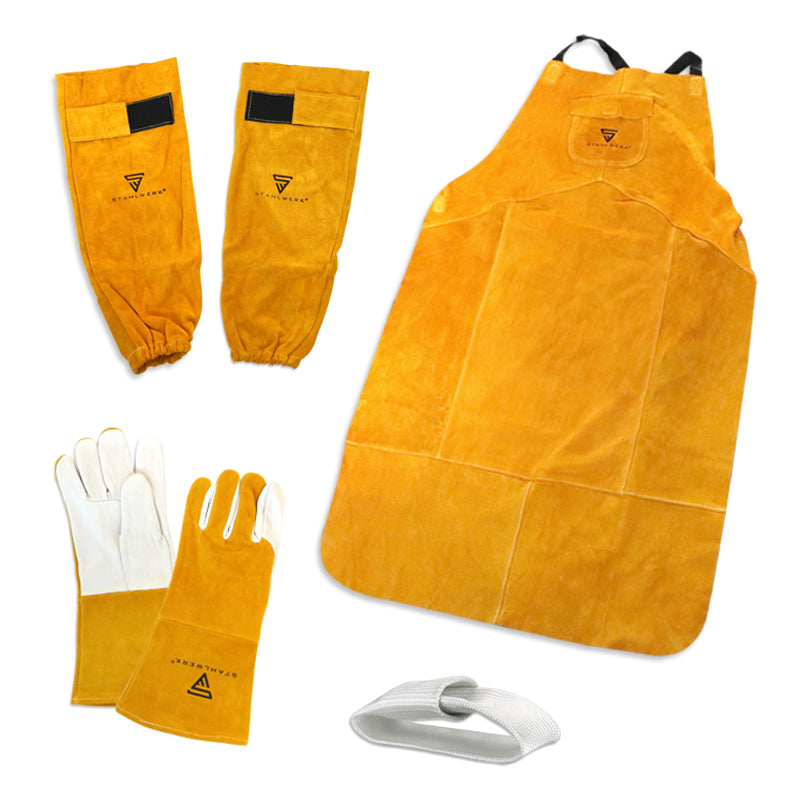 Conjunto de ropa de protección de soldadura de Steelworks - Delantal de soldadura + Guantes de soldadura + Protección de pulverización del brazo + dedos de pelucas