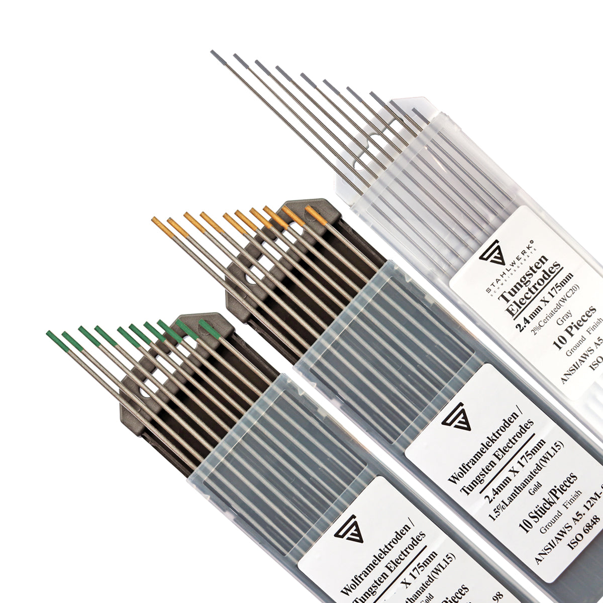 Steelwork tungsten electrodes / welding electrodes in the practical set gray, green, gold 2.4 mm per 10 pc.