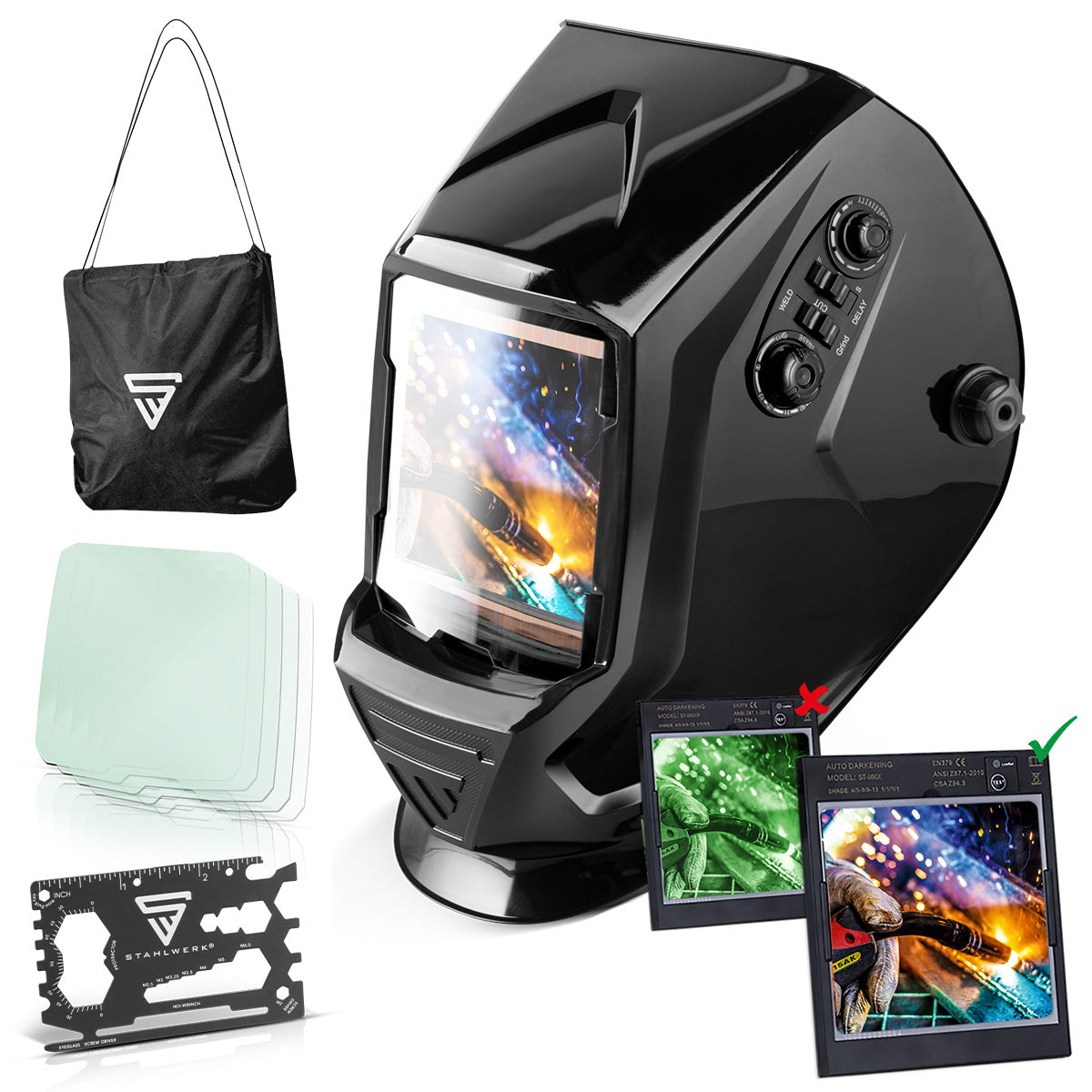 Steelworks full automatic real color welding helmet with 3-in-1 function ST-990 XB, black glossy