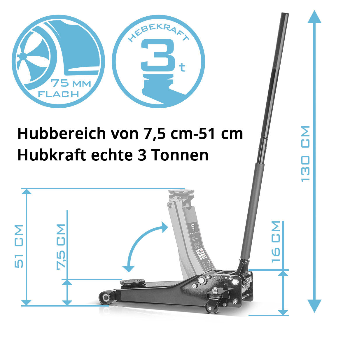 Çelik işleri hidrolik jak WHF-30 ST 3 T yük kapasitesi ve çift kaldırma piston, kaldırma alanı 75-510 mm ekstra düz kıyı araba kaldırıcı | Motorlu taşıt lastikleri için otomobil