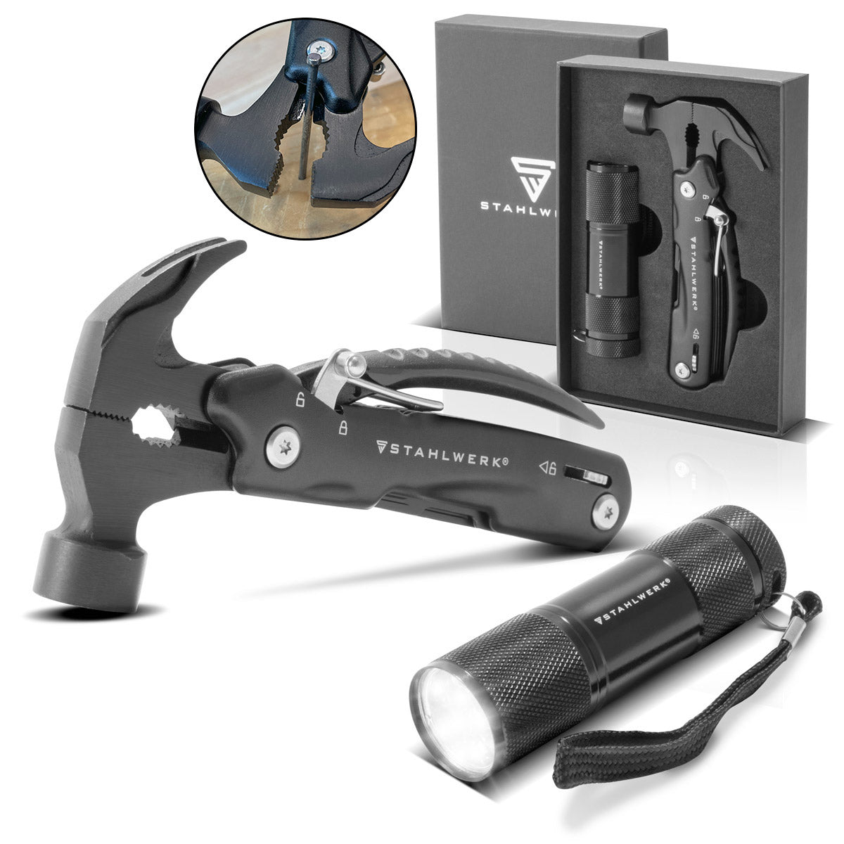 Steelwork Multi -tool with 12 tools, high -quality pocket knife / folding knife / multifunctional tool with hammer, knife, saw, file, combination, screwdriver etc. including LED flashlight