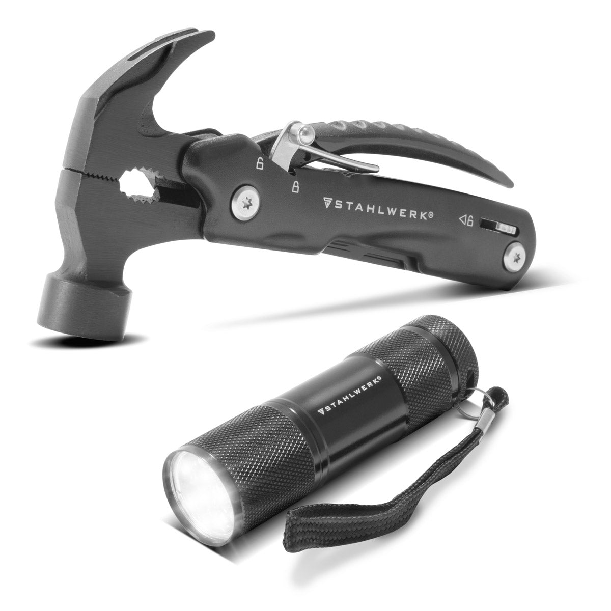 Steelwork Multi -tool with 12 tools, high -quality pocket knife / folding knife / multifunctional tool with hammer, knife, saw, file, combination, screwdriver etc. including LED flashlight